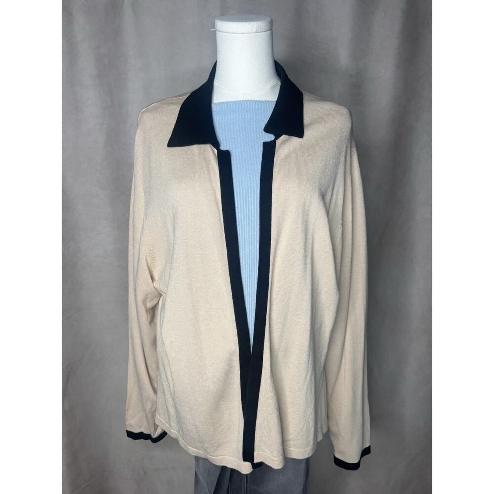 Liz Claiborne Open Front Cardigan Cream Black Trim Relaxed Knit
